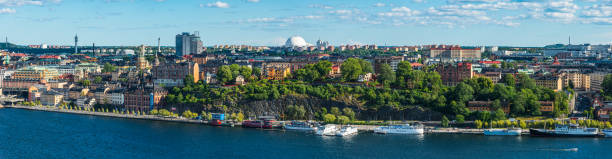 Panoramic aerial view over the blue waterfront of Sodermalm in the heart of Stockholm, Sweden's vibrant capital city.