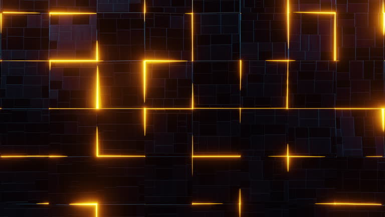 A dark background with yellow lines and squares, creating a visually striking pattern. Looped animation