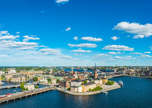 Panoramic aerial view over the blue summer skies above the iconic waterfront of Gamla Stan and Sodermalm in the heart of Stockholm, Sweden's vibrant capital city.