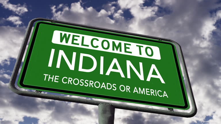 Welcome to Indiana, USA State Road Sign, The Crossroads of America Slogan, Realistic 3d Animation