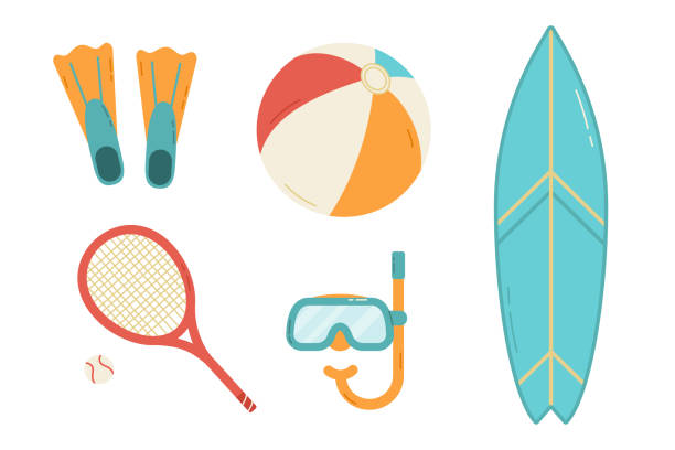 Set of summer beach sport elements. Vector flat isolated illustration Set of summer beach sport elements. Vector flat isolated illustration cartoon of a swimming goggles stock illustrations