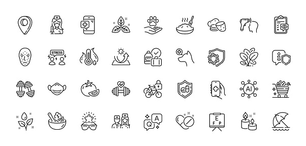 Sun protection, Veterinary clinic and Medical mask line icons pack. AI, Question and Answer, Map pin icons. Medical tablet, Vision board, Potato web icon. Vector