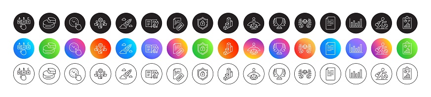 Startup rocket, Time management and Engineering documentation line icons. Round icon gradient buttons. Pack of Teamwork, Report, Fake news icon. Document, Correct checkbox, Pie chart pictogram. Vector