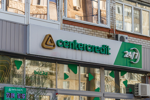 Uralsk, Oral, Kazakhstan (Qazaqstan), 22.04.2024 - Signboard logo of CenterCredit Bank on a residential building.
