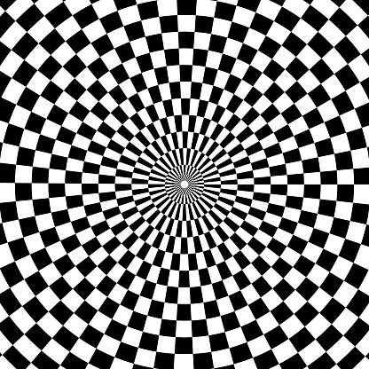 Checkered optical illusion. Black and white hypnotic spiral. Geometric radial pattern. Vector illustration. EPS 10. Stock image.
