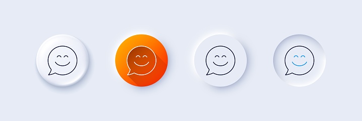 Smile chat line icon. Neumorphic, Orange gradient, 3d pin buttons. Happy emoticon sign. Speech bubble symbol. Line icons. Neumorphic buttons with outline signs. Vector