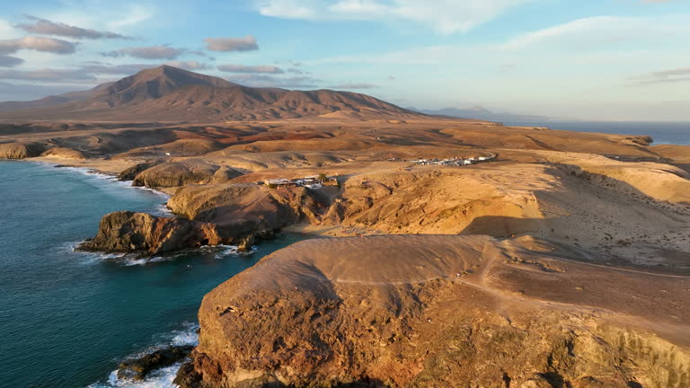 4k aerial view most popular Papagayo beach of Lanzarote, cove of white sand, Atlantic Ocean bay. Canary islands, Spain