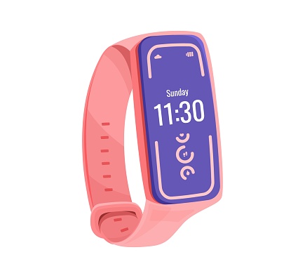 Digital fitness tracker with time and date display on a pink strap. Vector illustration of wearable technology. Health monitoring and fitness concept.