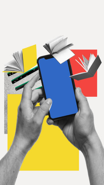istock Person using mobile phone with flying books around. Contemporary art collage. Accessibility and convenience of digital learning 2149806788