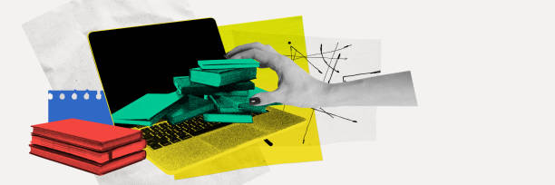 istock Hand putting books into laptop meaning modern usage of online libraries and resources instead of physical books. Contemporary art collage. 2149806790