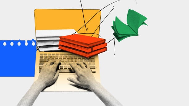 istock Person using laptop for learning with books around. Contemporary art collage. Synergy between technology and education 2149806794