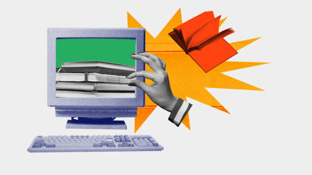 istock Hand taking books on computer screen. Contemporary art collage. Accessibility and convenience of digital learning 2149806795