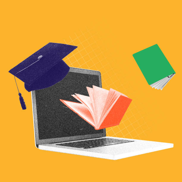 istock Tablet with graduation cap and books falling down. Contemporary art collage. Get qualifications through flexible and accessible platforms. 2149806796