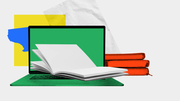 istock Laptop with open notebook on keyboard. Contemporary art collage. Flexibility and convenience to access educational content anytime 2149806798
