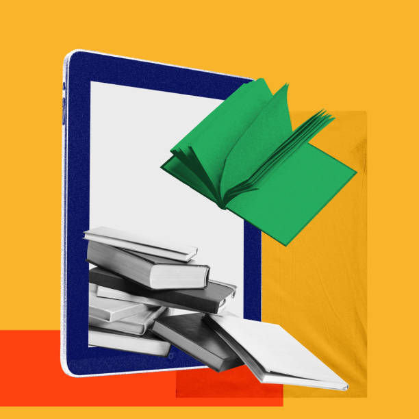 istock Tablet with books falling out screen. Contemporary art collage. Convenience and accessibility of libraries and resources on digital platforms 2149806800
