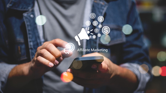 Affiliate marketing, online business model concept. Creating relationships strategy between merchants, affiliates, and customers. Generated revenue by rewarding affiliates for referring customers.