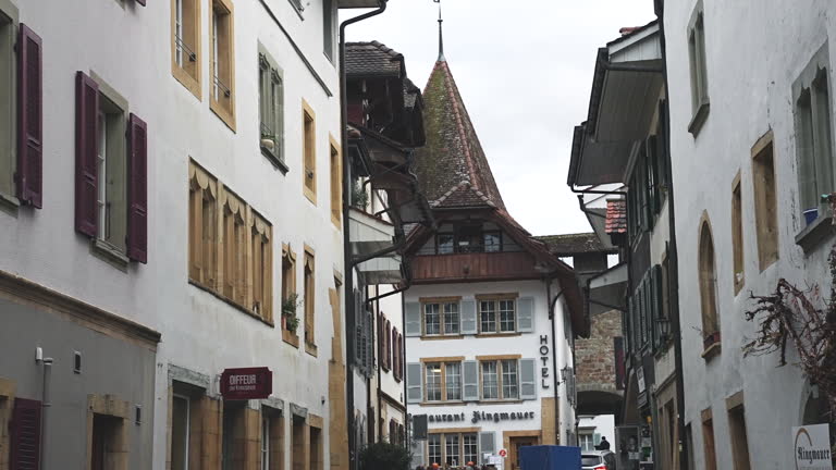 Beautiful Crammed Streets With Traditional Architecture In Murten, Switzerland