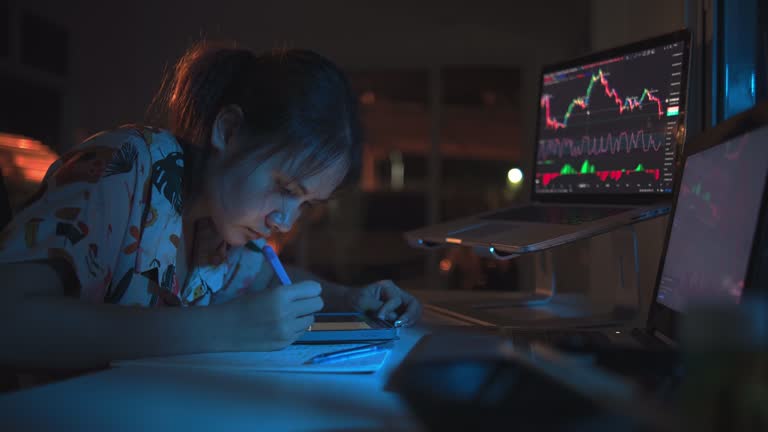 Financial Analyst: Woman Reviewing Data and Taking Notes with Stock Market Charts in Background