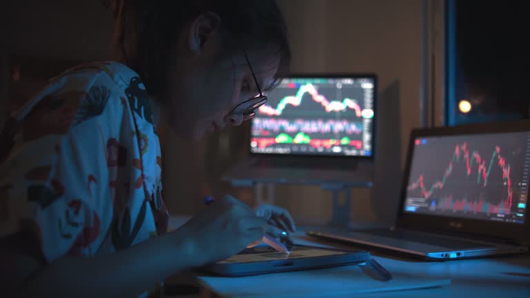 Nighttime Trading: Young Woman Analyzing Financial Data on Tablet and Laptop