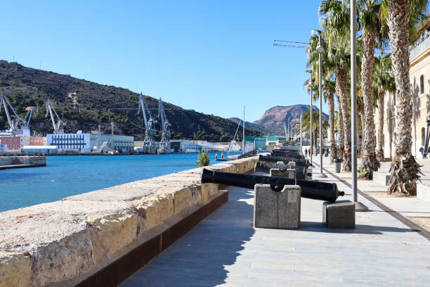 Promenade in the Port of Cartagena Cartagena, Murcia, Spain- January 6, 2024: Canyons on the promenade of the port of Cartagena on a sunny day deep pick stock pictures, royalty-free photos & images