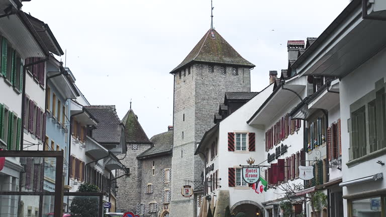 Murten Altstadt And Old Medieval Tower On Fortification Walls In Murten, Switzerland