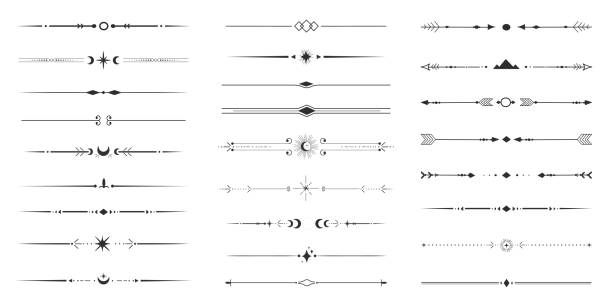 Golden divider celestial border with stars moon and sun thin line elegant simple decoration Golden divider celestial border with stars moon and sun thin line elegant simple decoration, mystic tarot separator, minimalist magic gold design element on dark background. Vector illustration eclipse icon stock illustrations