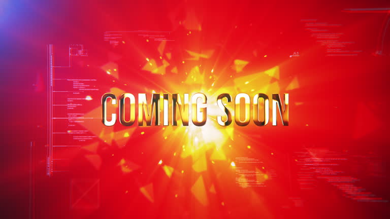 Coming Soon golden text light motion effect with gold red particles motion cinematic title trailer animation abstract background.