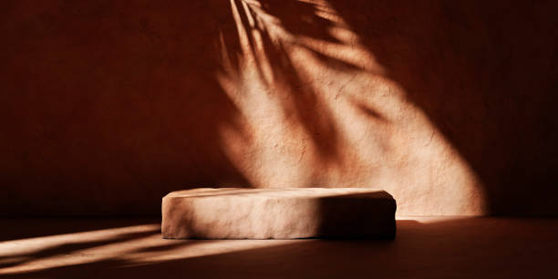 istock Dark stone podium with palm shadow on textured clay wall. Summer background in tropical style for brand product placement mockup. Natural material aesthetic room. 2149811475