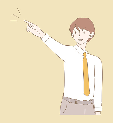 Confident businessman looking up, pointing up at something. Man pointing index fingers up at  target, choosing, showing direction with hand. Hand drawn flat cartoon character vector illustration.