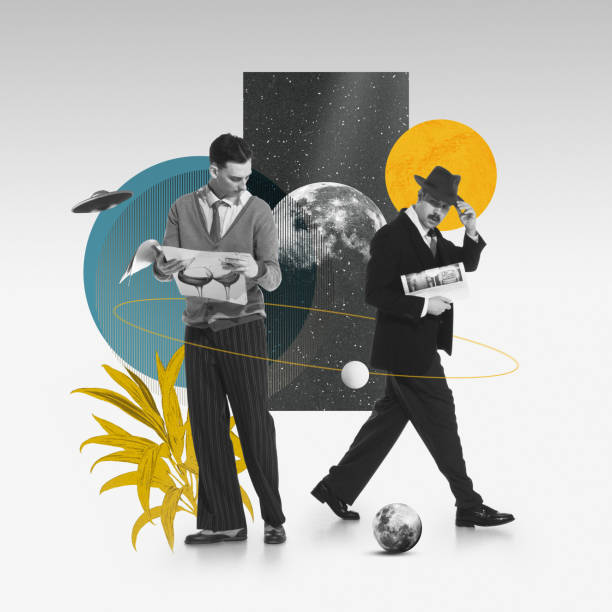 istock Collage with two men, one reading, plant elements, celestial bodies, geometric shapes, and vintage tones. Contemporary art collage. 2149812648