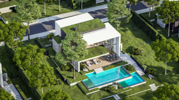 istock 3d rendering of flat roof house with concrete facade 2149813922