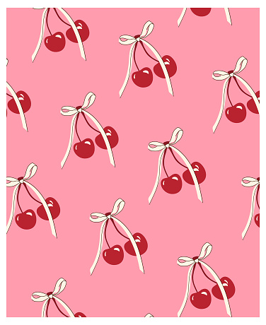 Seamless fruity and cute pattern. Cherries with bows on a pink background. Modern poster, textile. Vector pattern with cherries and bows in retro style
