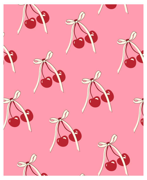 Cherries and bows. Summer seamless pattern. Seamless fruity and cute pattern. Cherries with bows on a pink background. Modern poster, textile. Vector pattern with cherries and bows in retro style Seamless fruity and cute pattern. Cherries with bows on a pink background. Modern poster, textile. Vector pattern with cherries and bows in retro style cherry stock illustrations