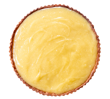 Fresh homemade shortcrust pastry lemon pie isolated on white background. Top view isolated on white background.
