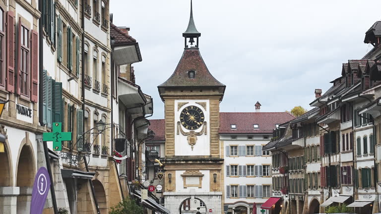 Majestic Clocktower Of Berntor Murten And Arch In Murten, Switzerland