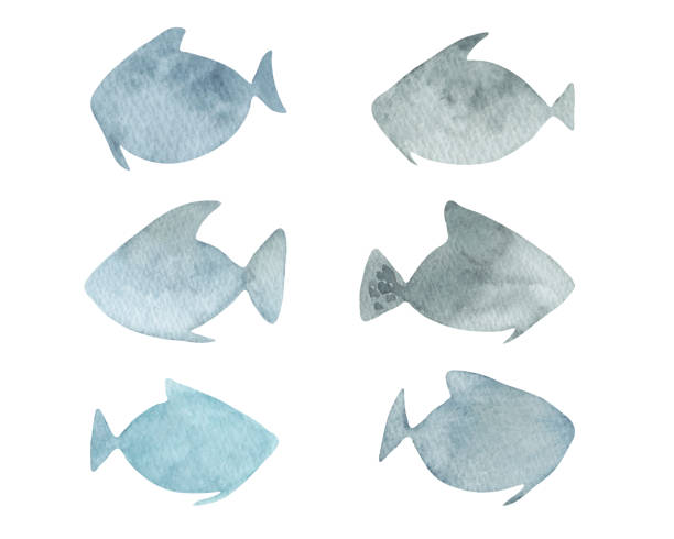 istock Simple blue fish.Watercolor illustration.Children's stylized sea animals. Hand drawn isolated art. Clipart of simple silhouettes for children's room, cards, books 2149819249
