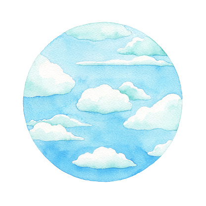 Watercolor clear sky with scattered clouds.