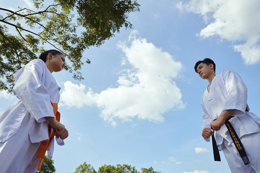 Serious taekwondo athletes looking at each other, view from below