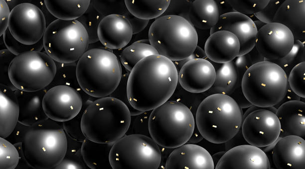 Stack of blank black round balloons with confetti mockup, 3d rendering. Empty decorative mylar glossy balloon mock up. Clear composition with a lot of inflatable helium bubble template.