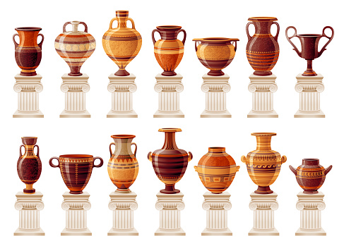 Ancient pottery, vase, jar, pot and amphora on old white columns. Pottery studio with antique greek roman ceramic vessels. Museum earthenware vector cartoon illustration. Handcrafted pottery workshop