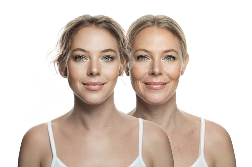 Mother and daughter. Generation. Young and senior women on white background. Aging, cosmetology, plastic surgery and retouching before and after concept