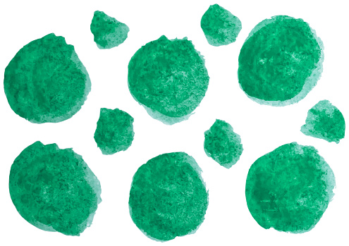 Grunge watercolor green dot collection. Hand-drawn circular stains. This textured set, offering a seamless blend of abstract shapes and vibrant colors for unique illustrations and backgrounds