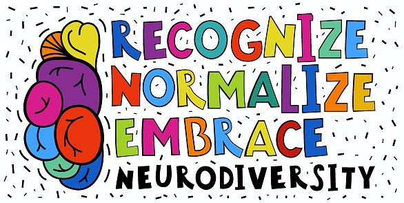 Embrace neuro diversity. Creative hand-drawn lettering in a pop art style. Human minds and experiences diversity. Inclusive, understanding society. Vector illustration isolated on a white background