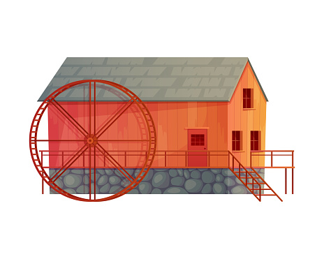 Old wooden and stone water mill building with waterwheel in village vector illustration