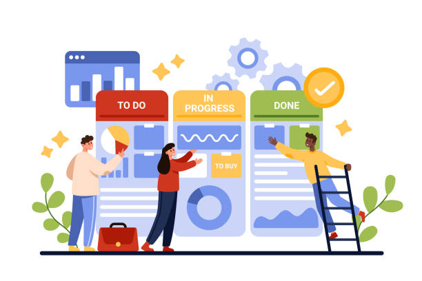ilustraciones, imágenes clip art, dibujos animados e iconos de stock de tablero kanban, método ágil de gestión de proyectos, personas diminutas planifican tareas comerciales con notas - tarea doméstica