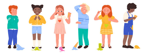 Kids upset about fallen ice cream set, cute boys and girls crying over melting popsicle Kids upset about fallen ice cream set. Cute unhappy boys and girls crying over melting popsicle in waffle cone falling on floor, stress and failure of sad little characters cartoon vector illustration melting girl stock illustrations