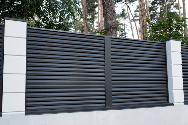 istock Modern gray metal fence with shutters blinds 2149824448