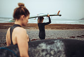 Surfer women at Famara beach in Lanzarote Canary Islands