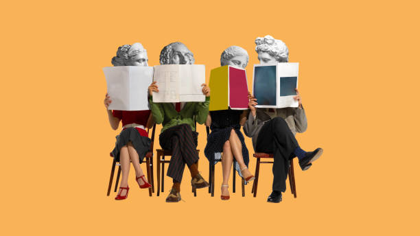 People, men and women with antique statue head sitting on chairs and reading newspaper, magazines. Contemporary art collage. People, men and women with antique statue head sitting on chairs and reading newspaper, magazines. Contemporary art collage. Concept of creativity, retro and vintage style, imagination, surrealism modern art stock pictures, royalty-free photos & images
