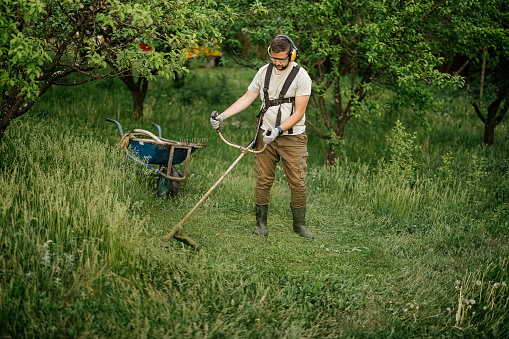 Man cuts grass in his yard with agricultural equipment